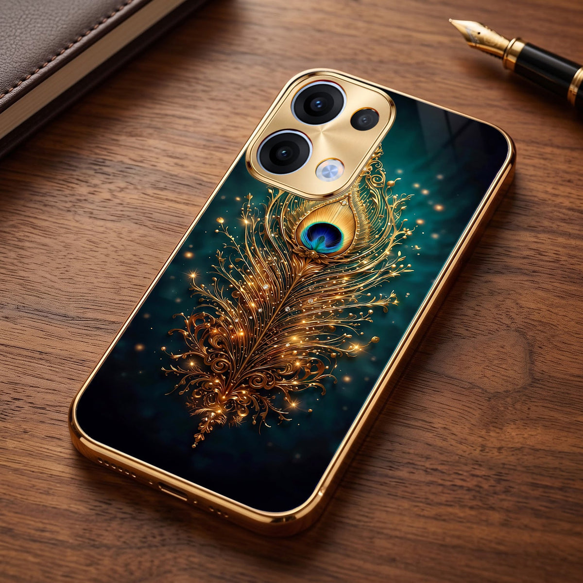 Oppo Reno 13 5G Golden Peacock Feather Gold Electroplated Glass Phone Back Case