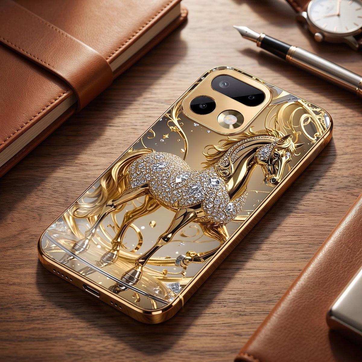 Realme 16 Pro+ 5G Luxury Horse Texture Gold Electroplated Glass Phone Back Case