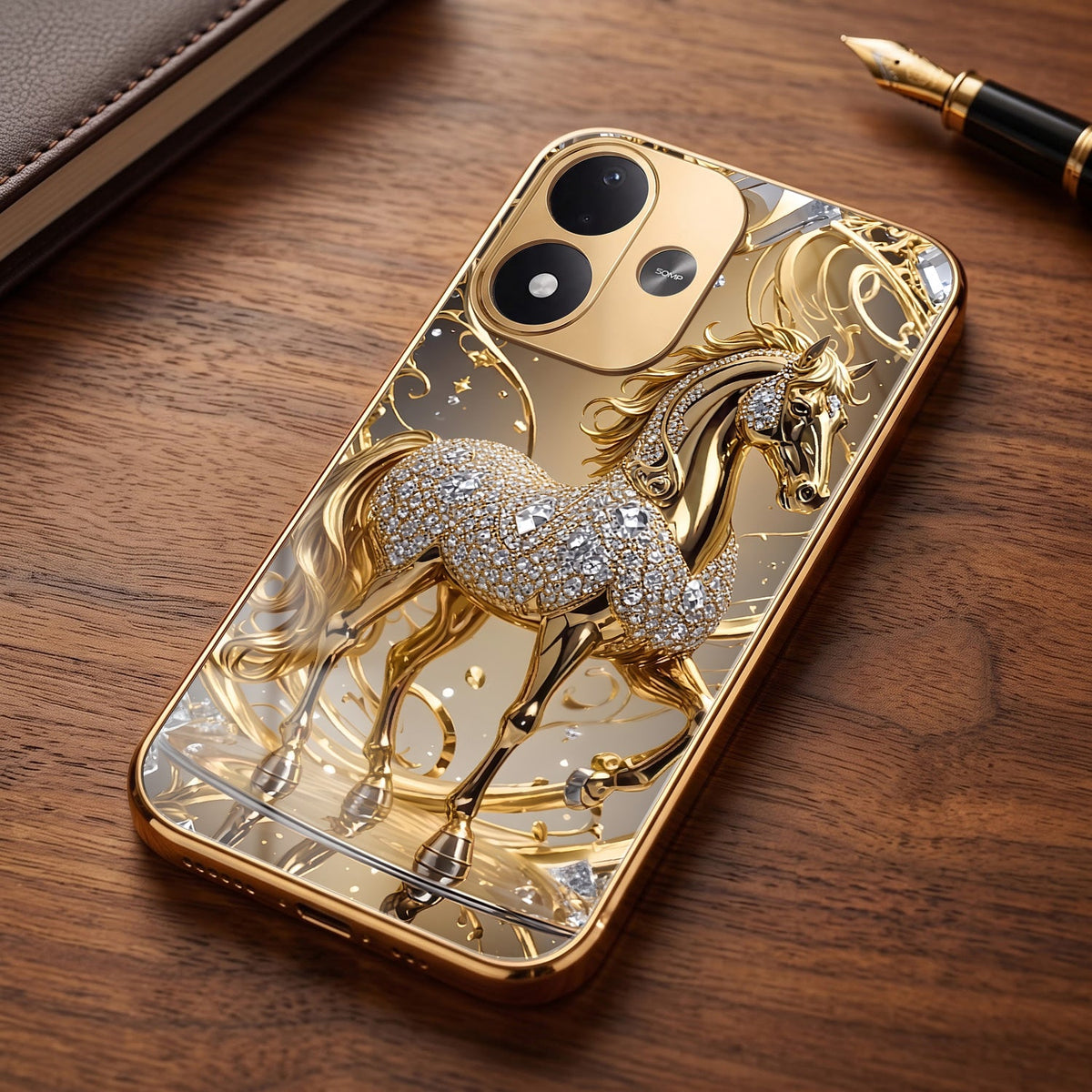 Redmi Note 17 5G Luxury Horse Texture Gold Electroplated Glass Phone Back Case