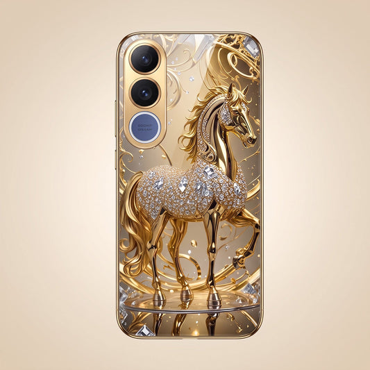 Vivo V70 FE 5G Luxury Horse Texture Gold Electroplated Glass Phone Back Case