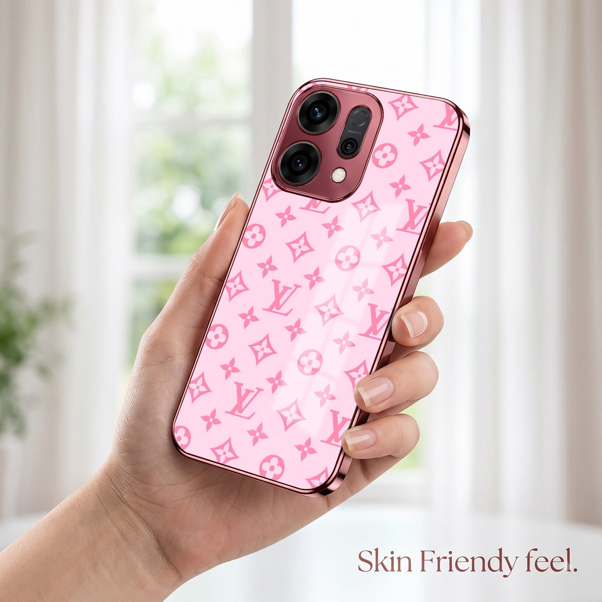 Oppo Reno 14 5G Luxury Monogram Pink Electroplated Glass Phone Back Case