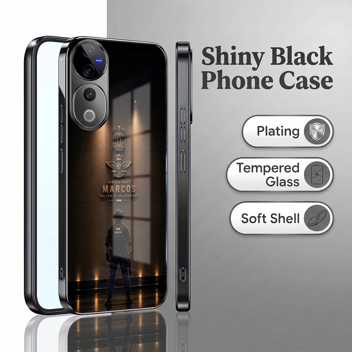 Vivo V40 Pro 5G Indian Navy Marcos Black Electroplated Glass Phone Back Case