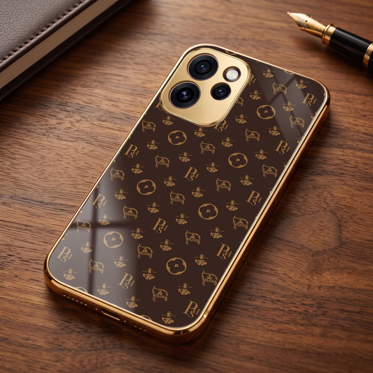 Oppo Reno 15 Pro Mini 5G Luxury Monogram Brown Gold Electroplated Glass Phone Back Case
