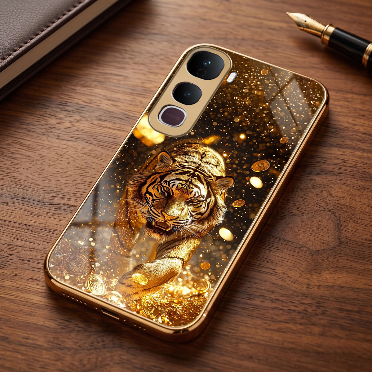 Vivo Y400 Pro 5G Luxury Tiger Gold Electroplated Glass Phone Back Case