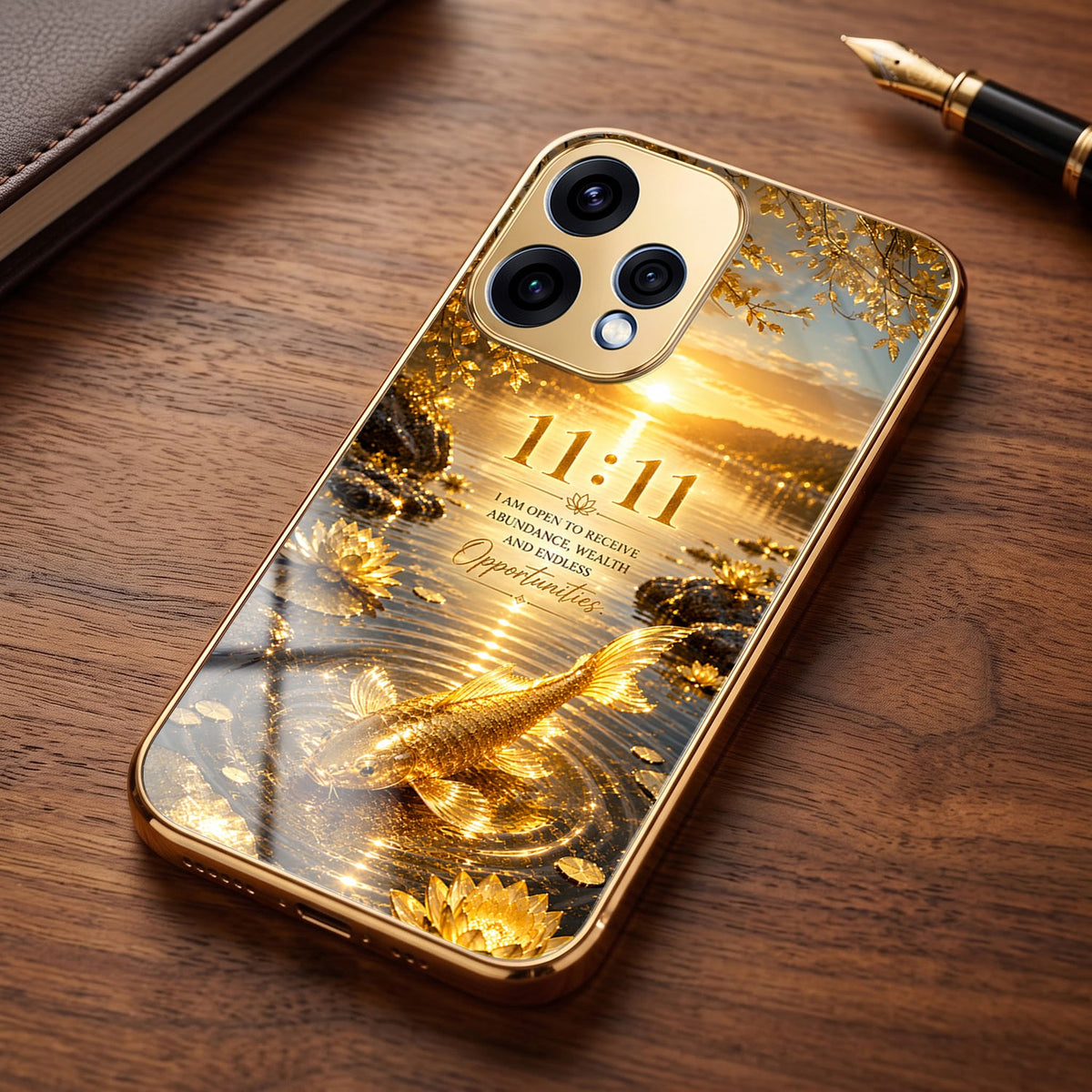 Oppo Reno 15 5G 11:11 Manifestation Gold Electroplated Glass Phone Back Case