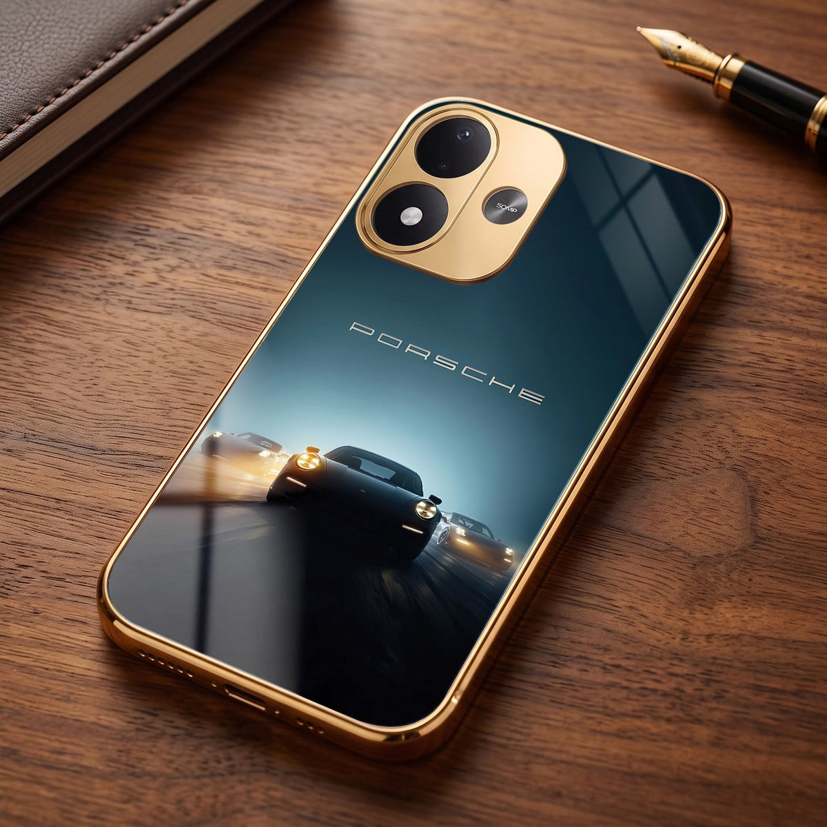 Redmi Note 17 5G Porsche Luxury Gold Electroplated Glass Phone Back Case
