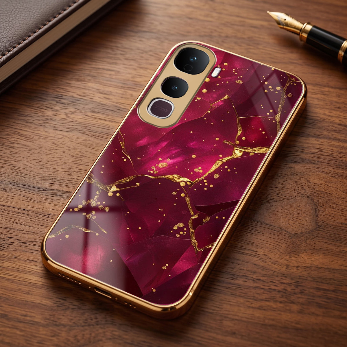 Vivo Y400 Pro 5G Luxury Crimson Marble Gold Electroplated Glass Phone Back Case