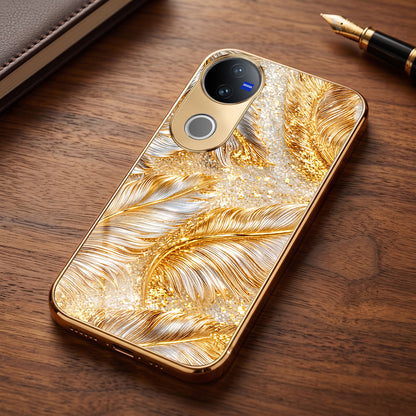 Vivo V50 5G Golden Feather Marble Gold Electroplated Glass Phone Back Case