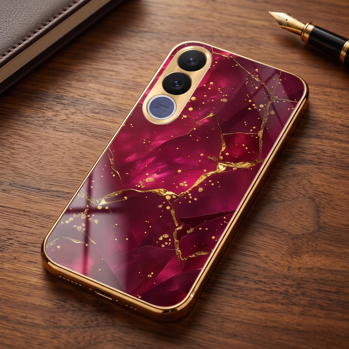 Vivo V70 FE 5G Luxury Crimson Marble Gold Electroplated Glass Phone Back Case