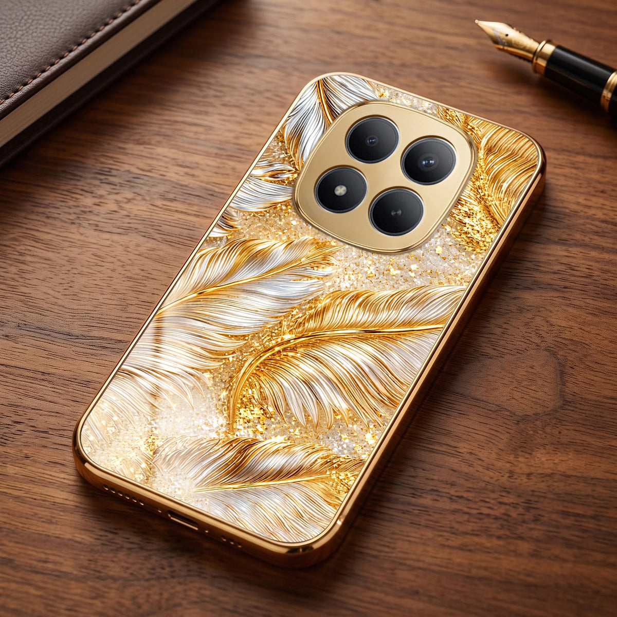Redmi Note 15 Pro+ 5G Golden Feather Marble Gold Electroplated Glass Phone Back Case