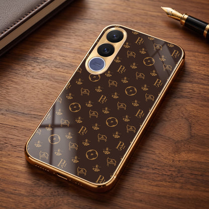 Vivo V70 FE 5G Luxury Monogram Brown Gold Electroplated Glass Phone Back Case