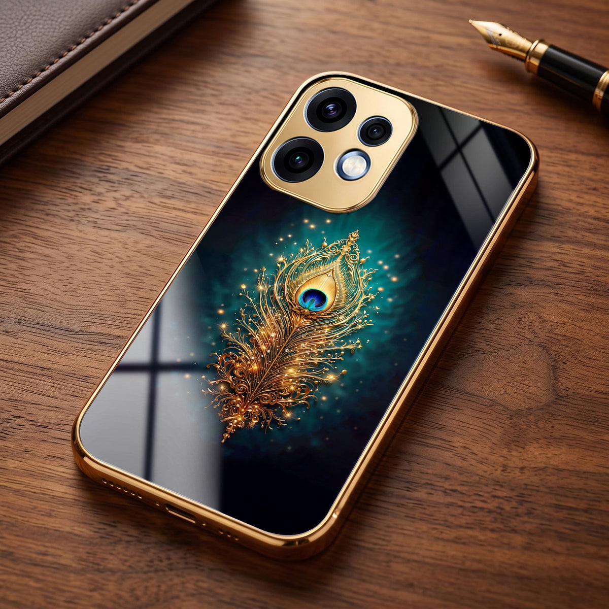Oppo Reno 16 5G Golden Peacock Feather Gold Electroplated Glass Phone Back Case