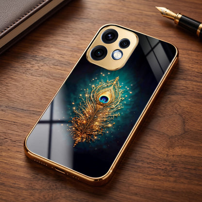 Oppo Reno 16 5G Golden Peacock Feather Gold Electroplated Glass Phone Back Case