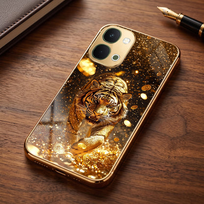 Vivo T5X 5G Luxury Tiger Gold Electroplated Glass Phone Back Case