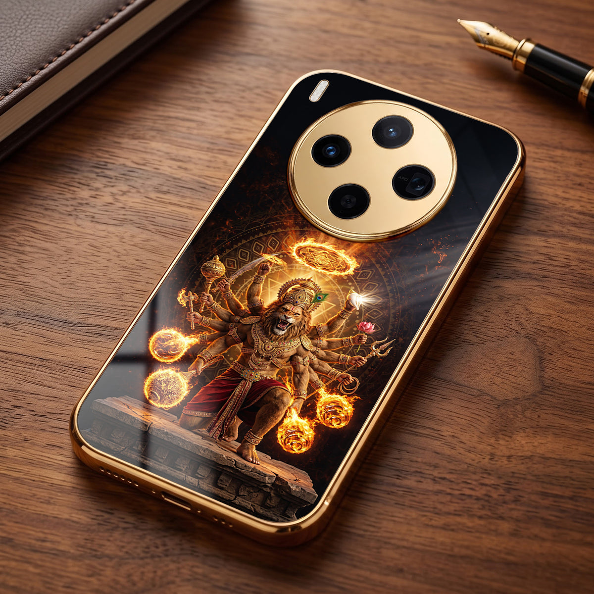 Vivo X300 5G Lord Narasimha Gold Electroplated Glass Phone Back Case