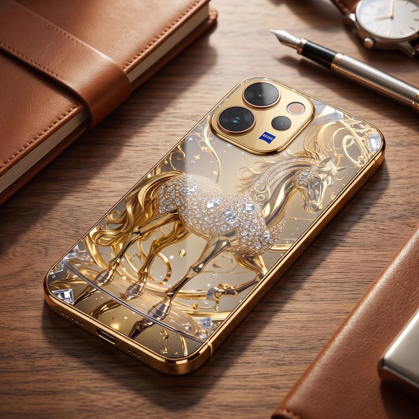 Vivo V70 5G Luxury Horse Texture Gold Electroplated Glass Phone Back Case