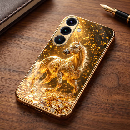 Samsung Galaxy A36 5G Golden Horse Sparkle Gold Electroplated Glass Phone Back Case