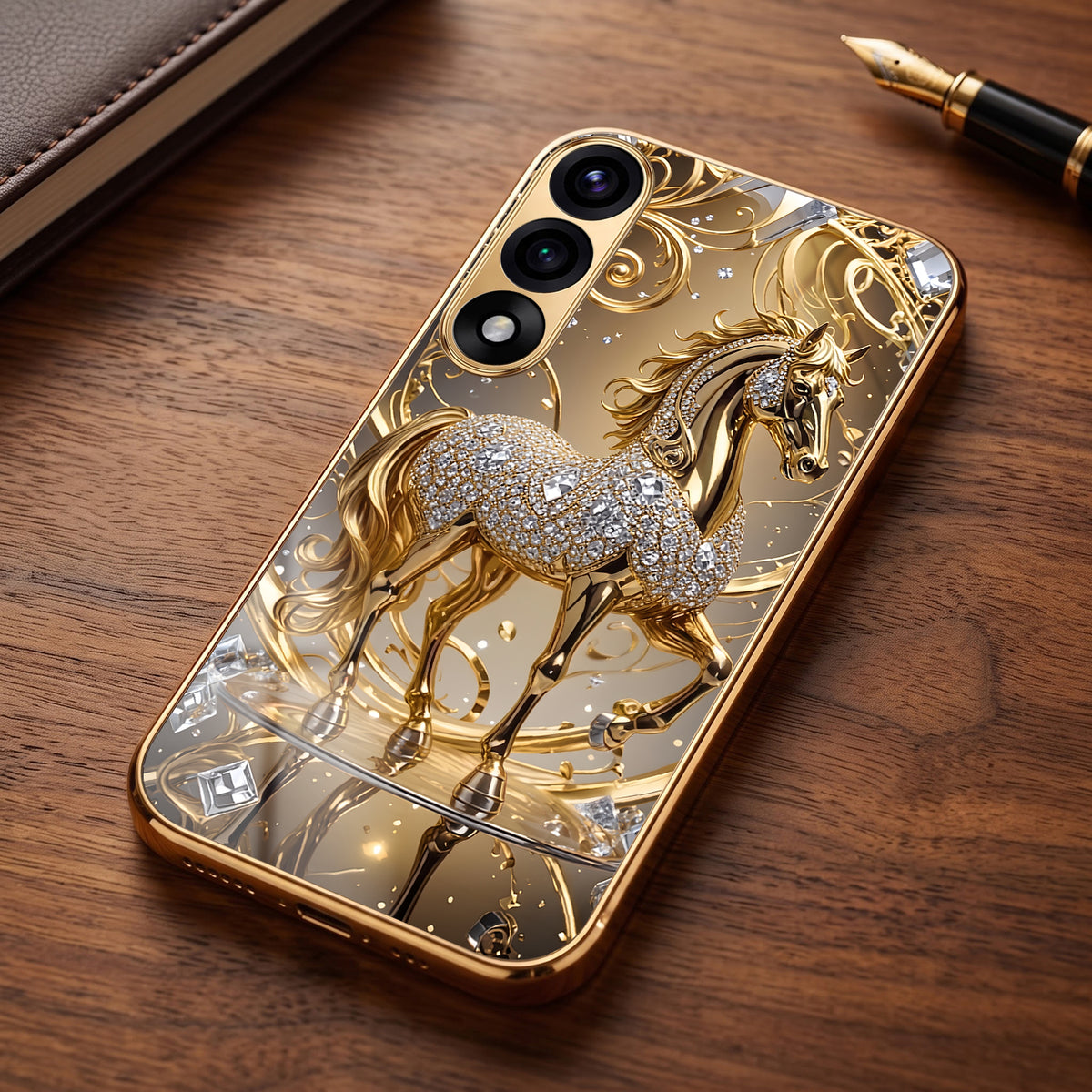 OnePlus Nord 5 5G Luxury Horse Texture Gold Electroplated Glass Phone Back Case