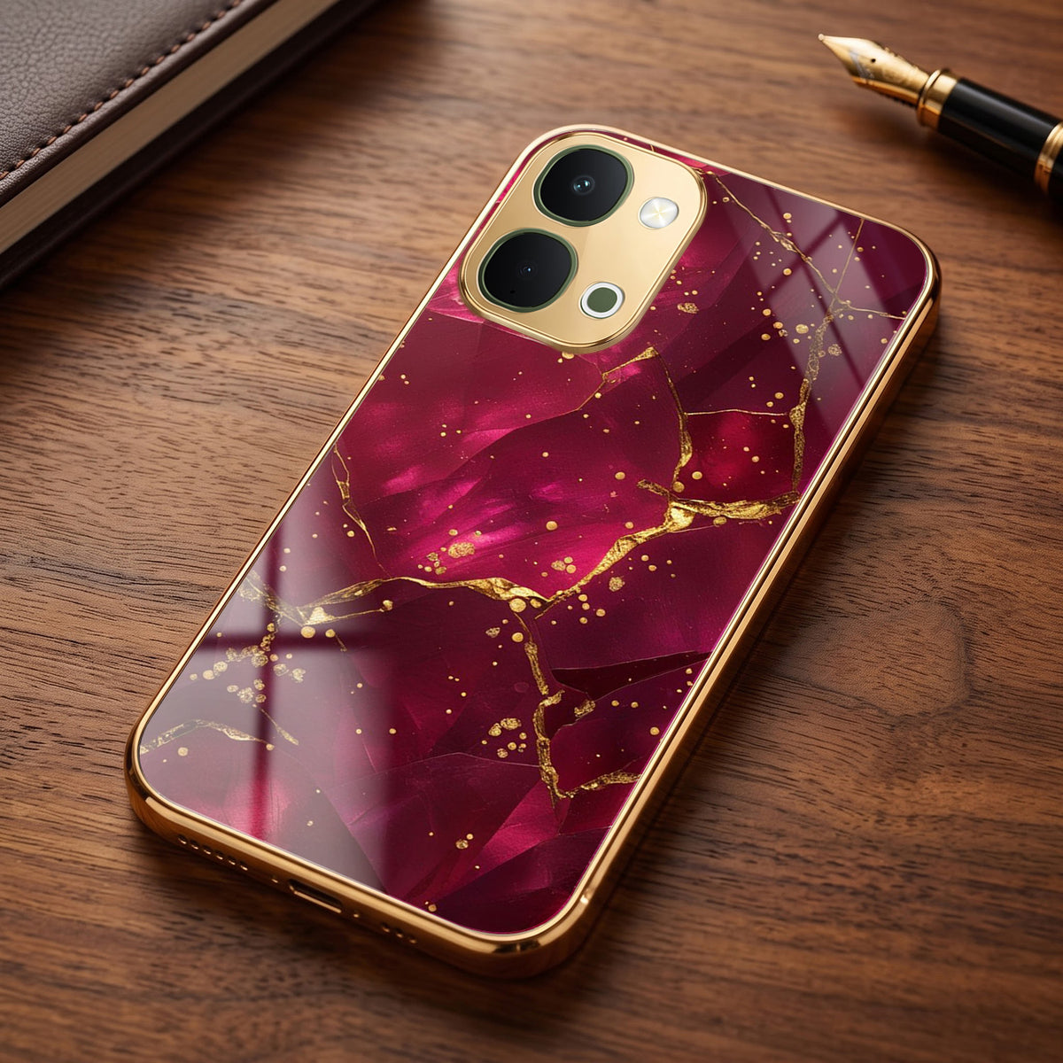 Vivo T5X 5G Luxury Crimson Marble Gold Electroplated Glass Phone Back Case