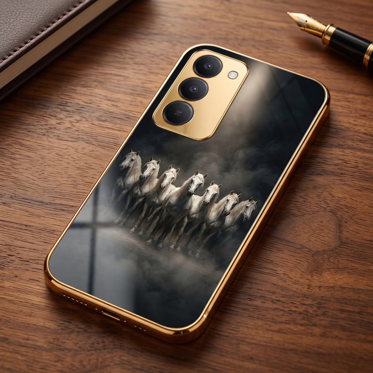 Redmi 15 5G Running Horses Gold Electroplated Glass Phone Back Case