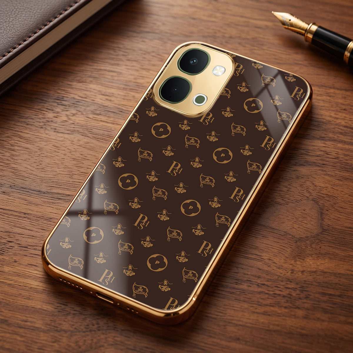 Vivo T5X 5G Luxury Monogram Brown Gold Electroplated Glass Phone Back Case