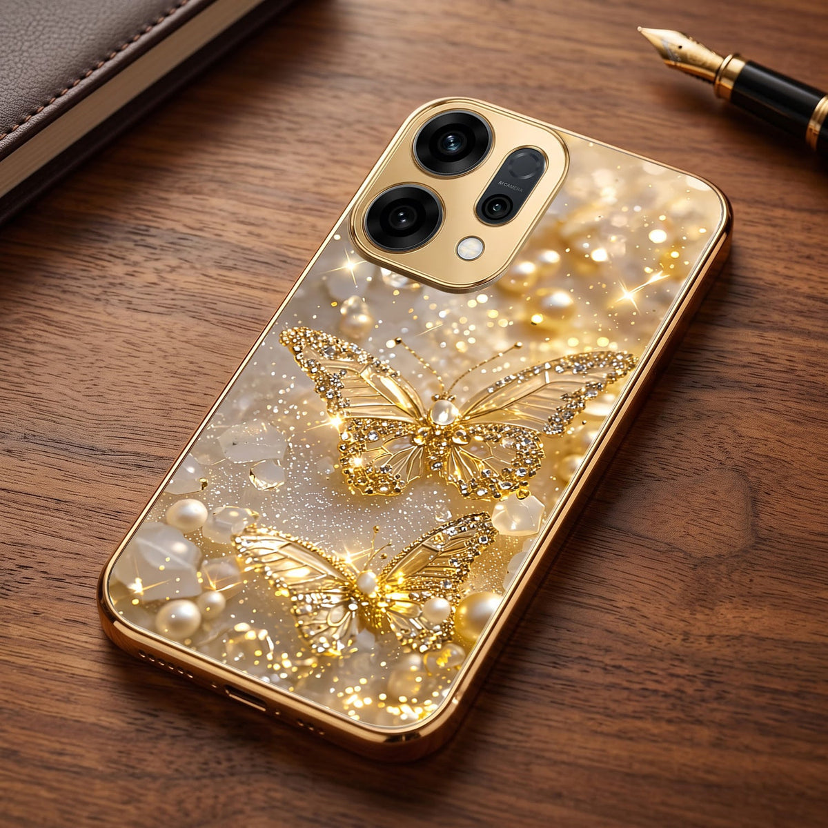 Oppo Reno 14 5G Golden Butterfly Gold Electroplated Glass Phone Back Case