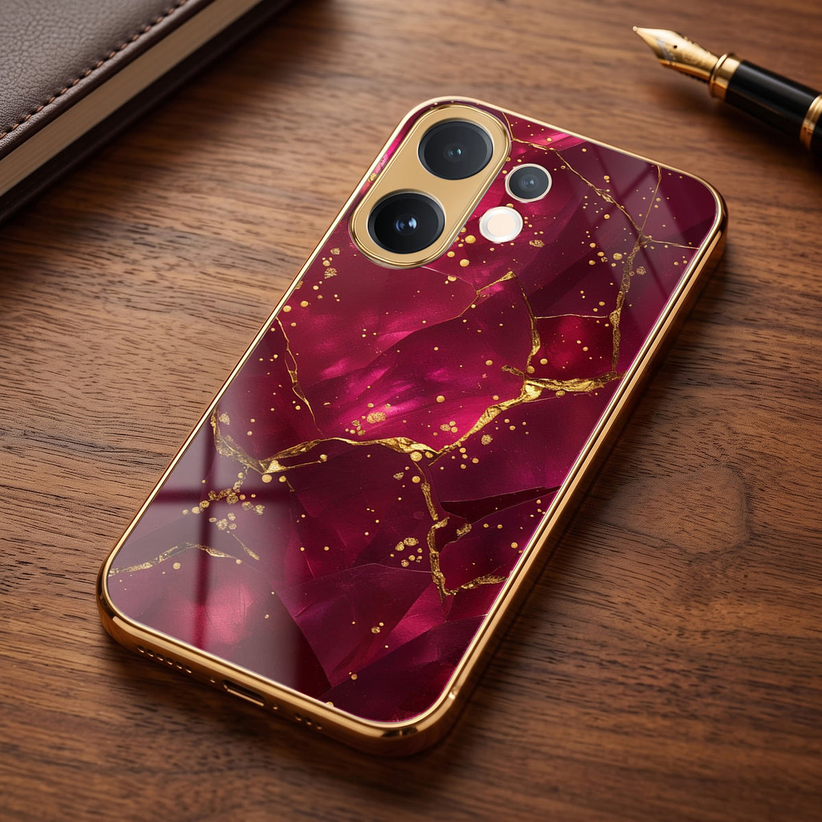 Vivo V60 5G Luxury Crimson Marble Gold Electroplated Glass Phone Back Case