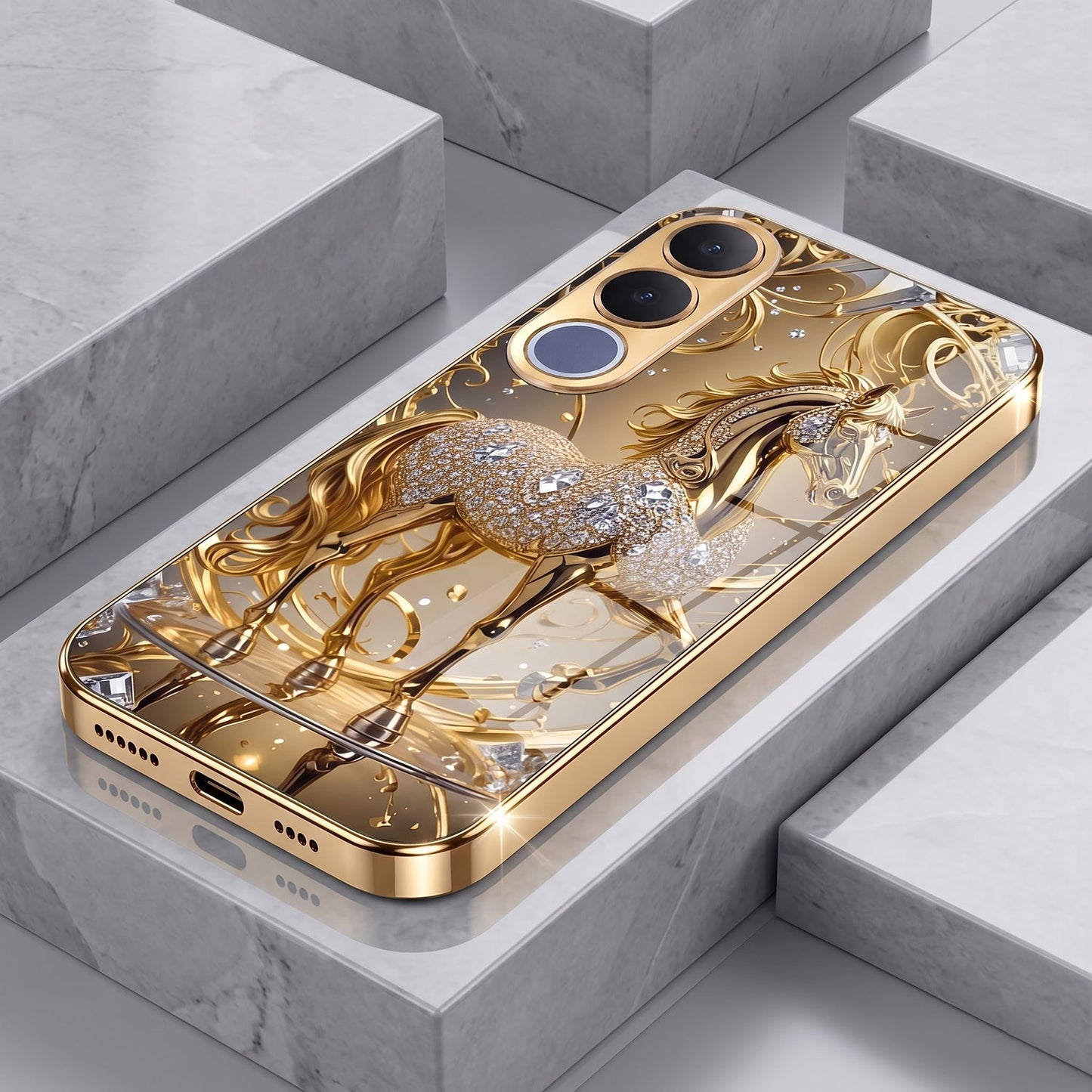 Vivo V70 FE 5G Luxury Horse Texture Gold Electroplated Glass Phone Back Case