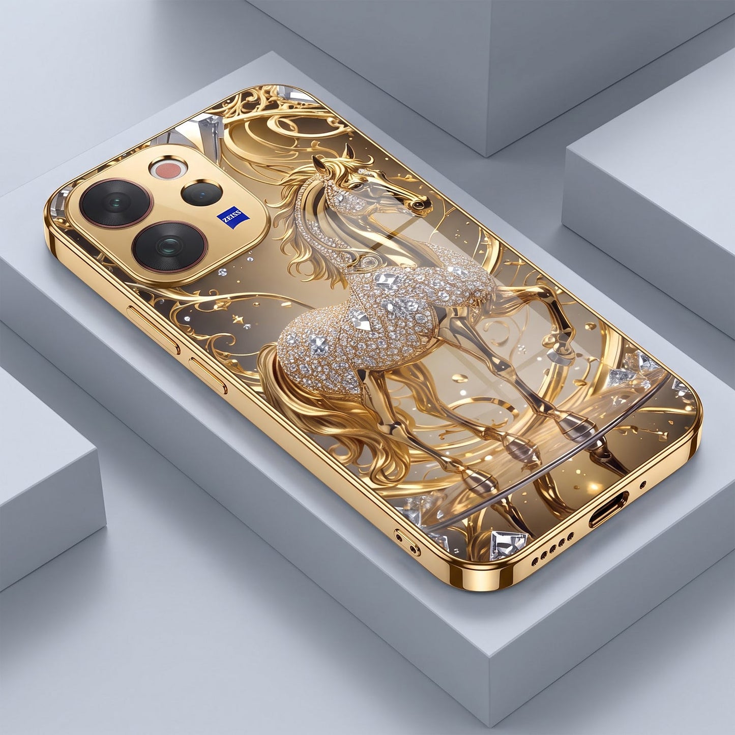 Vivo V70 5G Luxury Horse Texture Gold Electroplated Glass Phone Back Case