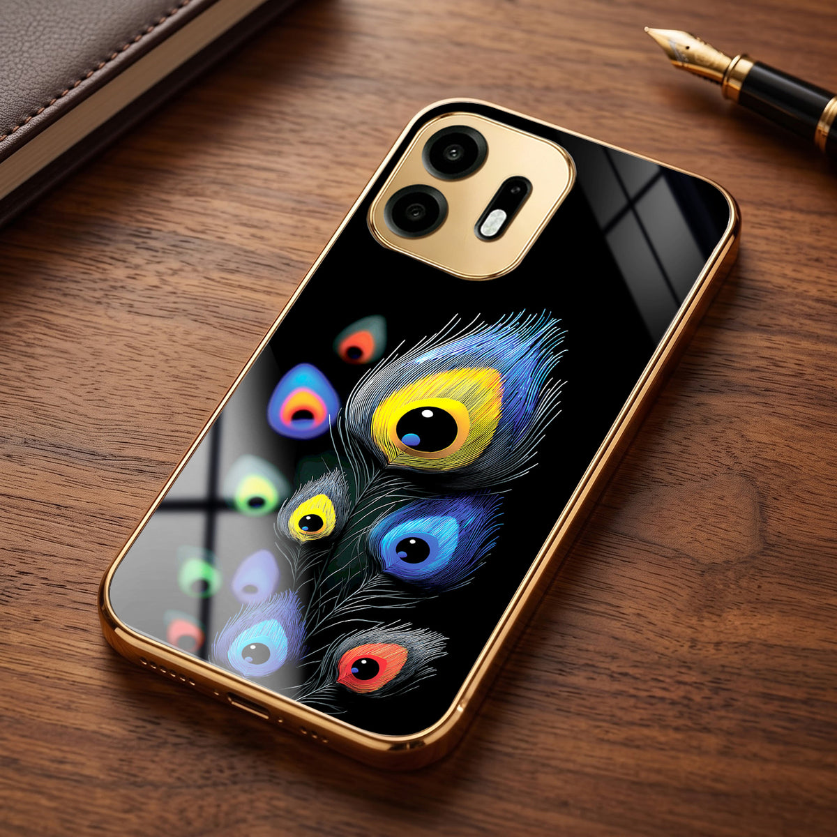 OnePlus N6 5G Multi-Feather Peacock Gold Electroplated Glass Phone Back Case