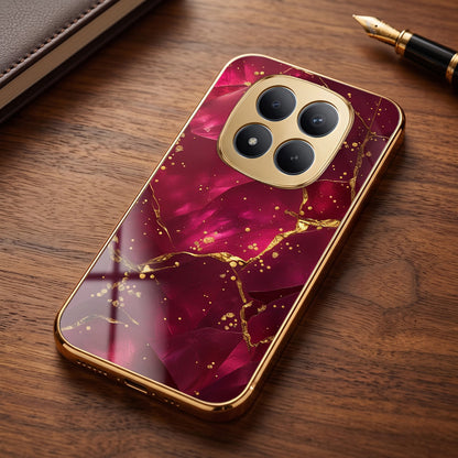 Redmi Note 15 Pro Plus 5G Luxury Crimson Marble Gold Electroplated Glass Phone Back Case