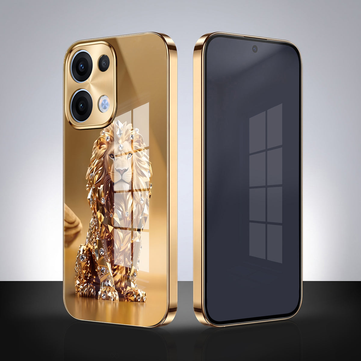 Oppo Reno 13 5G Luxury Lion Gold Electroplated Glass Phone Back Case