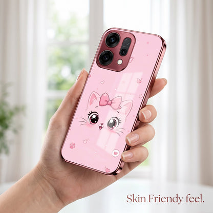 Oppo Reno 14 5G Luxury Cute Cat Pink Electroplated Glass Phone Back Case