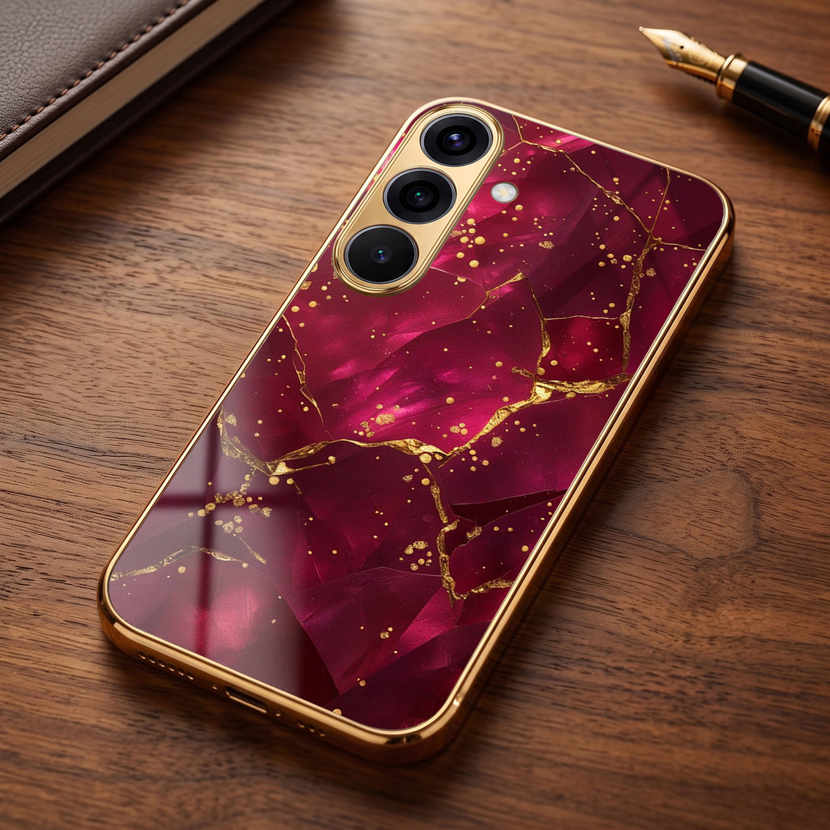 Samsung Galaxy A36 5G Luxury Crimson Marble Gold Electroplated Glass Phone Back Case