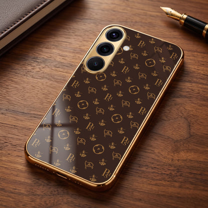 Samsung Galaxy A36 5G Luxury Monogram Brown Gold Electroplated Glass Phone Back Case