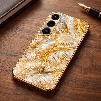 Samsung Galaxy A36 5G Golden Feather Marble Gold Electroplated Glass Phone Back Case