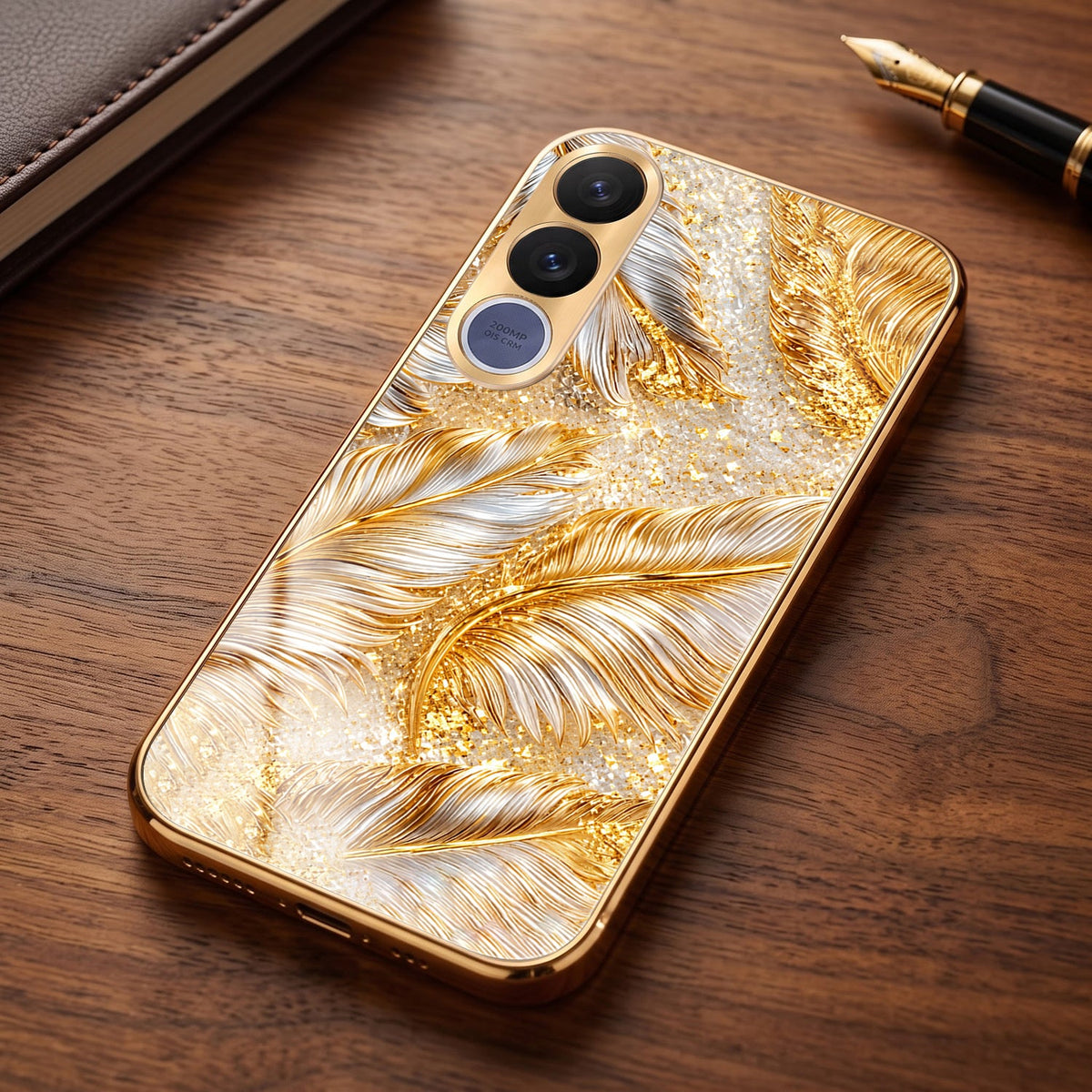 Vivo V70 FE 5G Golden Feather Marble Gold Electroplated Glass Phone Back Case