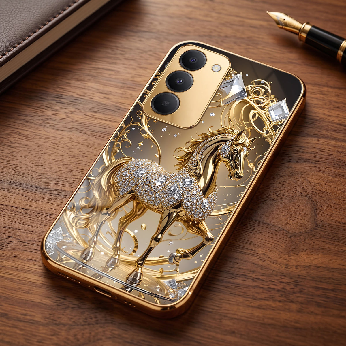 Redmi 15 5G Luxury Horse Texture Gold Electroplated Glass Phone Back Case