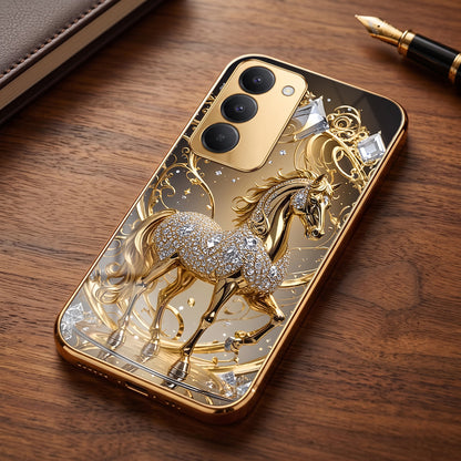 Redmi 15 5G Luxury Horse Texture Gold Electroplated Glass Phone Back Case