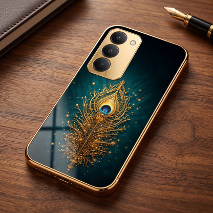Redmi 15 5G Golden Peacock Feather Gold Electroplated Glass Phone Back Case