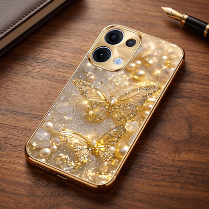 Oppo Reno 13 5G Golden Butterfly Gold Electroplated Glass Phone Back Case