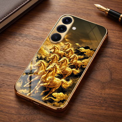 Samsung Galaxy A36 5G Horses Royal Glory Gold Electroplated Glass Phone Back Case