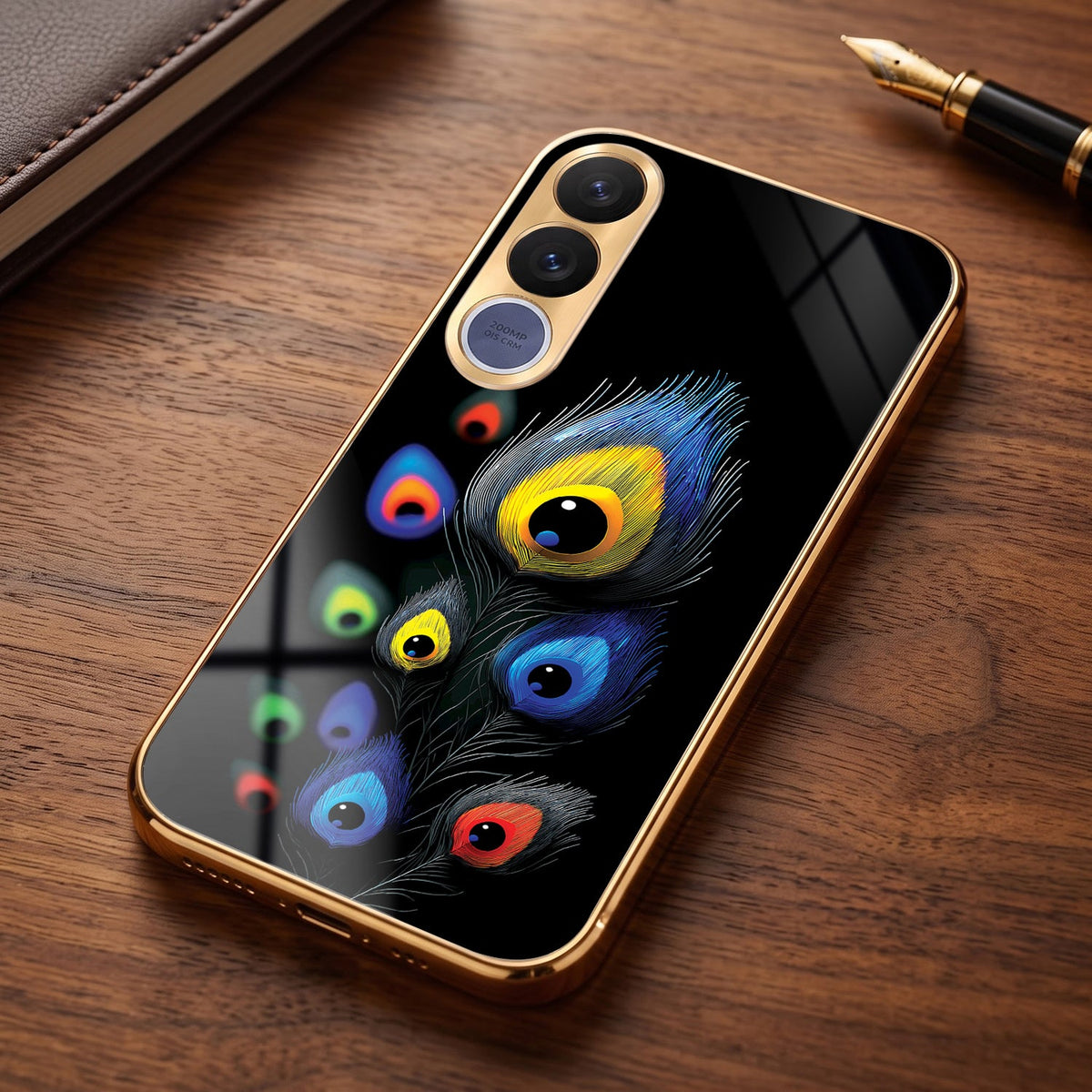 Vivo V70 FE 5G Premium Peacock Feather Gold Electroplated Glass Phone Back Case