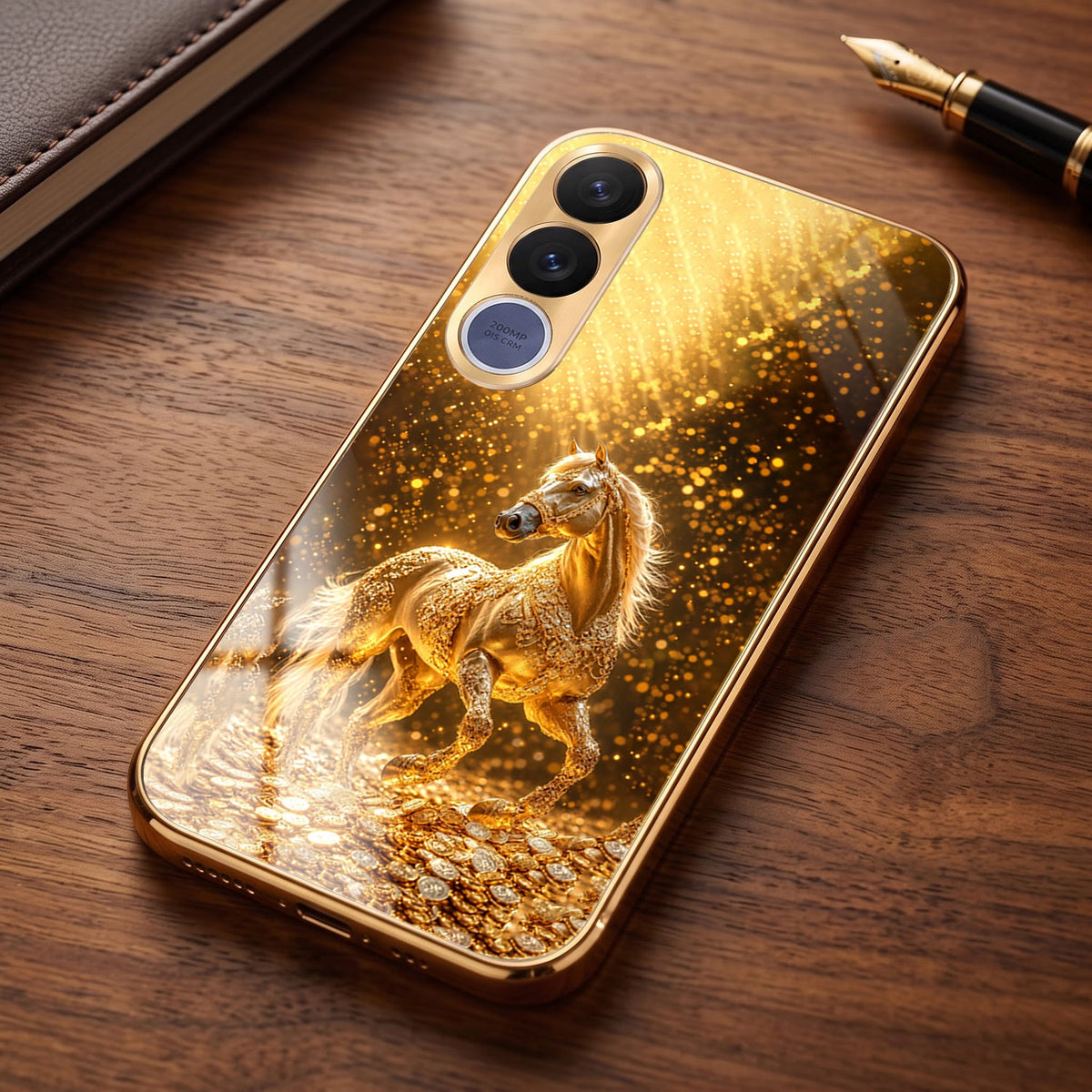Vivo V70 FE 5G Golden Horse Sparkle Gold Electroplated Glass Phone Back Case