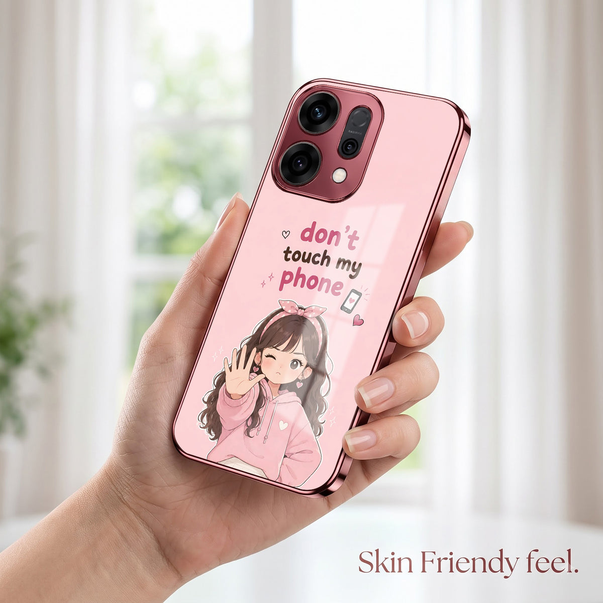 Oppo Reno 14 5G Luxury Anime Girl Pink Electroplated Glass Phone Back Case