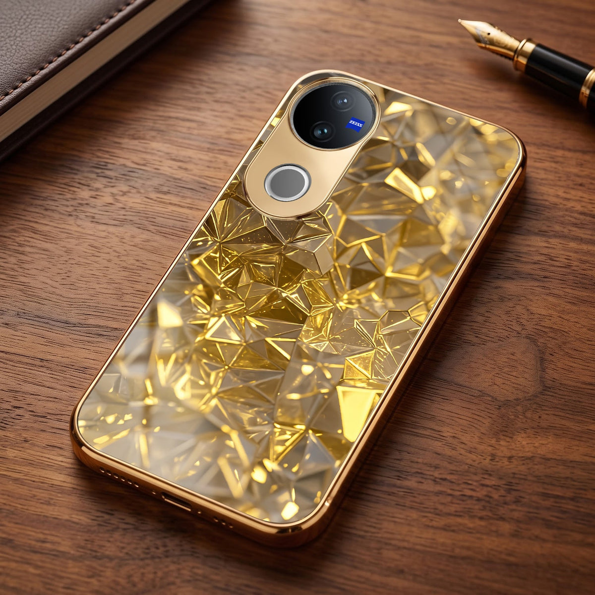 Vivo V50 5G Golden Diamond Shatter Gold Electroplated Glass Phone Back Case
