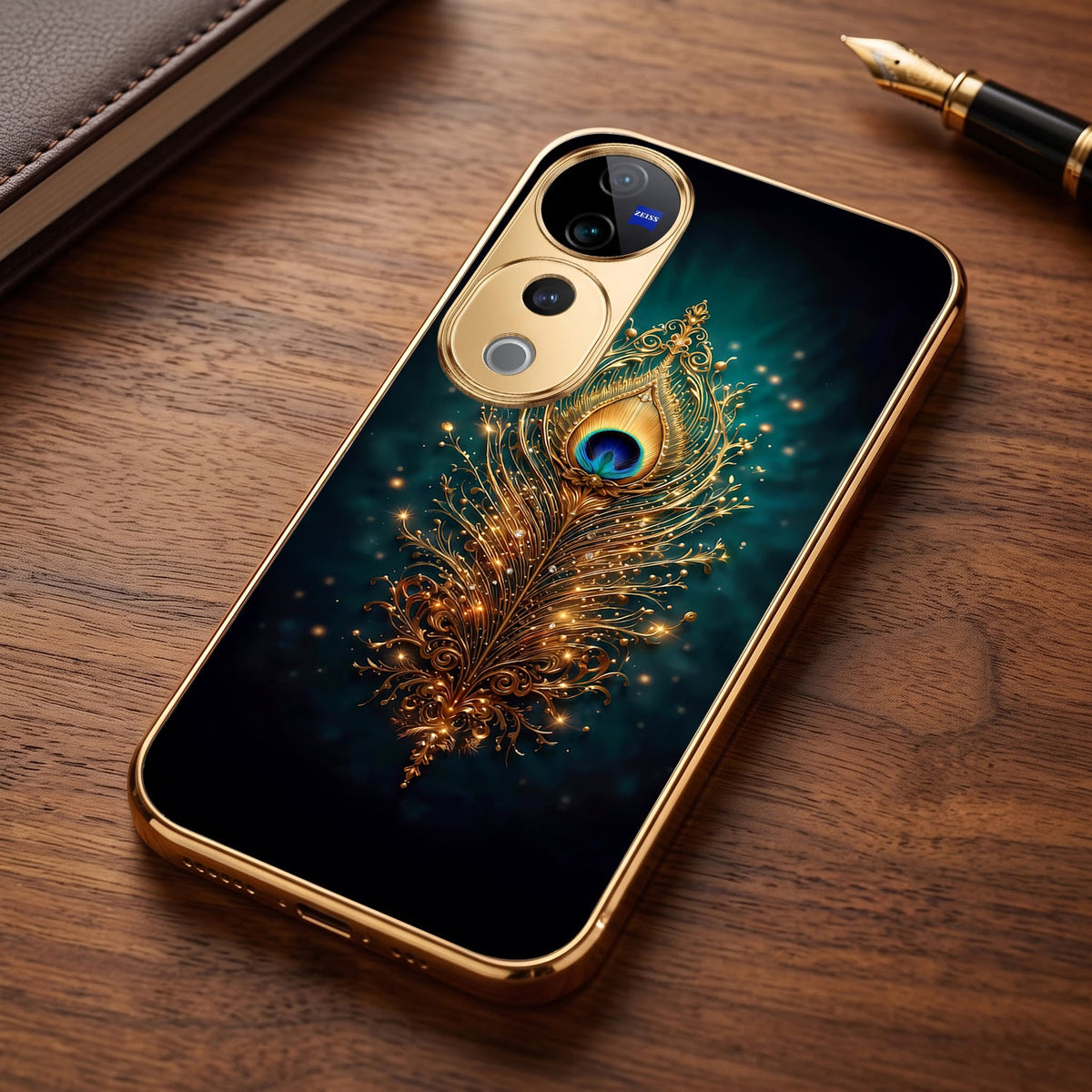 Vivo V40 Pro 5G Golden Peacock Feather Gold Electroplated Glass Phone Back Case