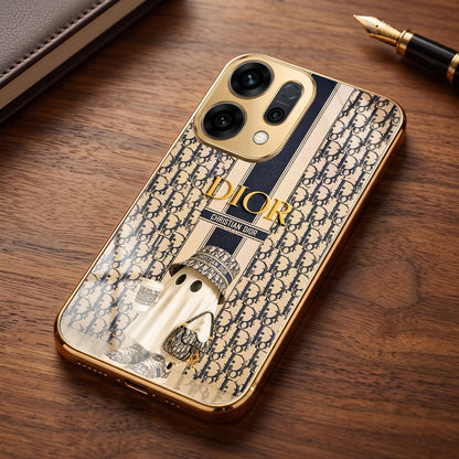 Oppo Reno 14 5G Luxury Dior Gold Electroplated Glass Phone Back Case