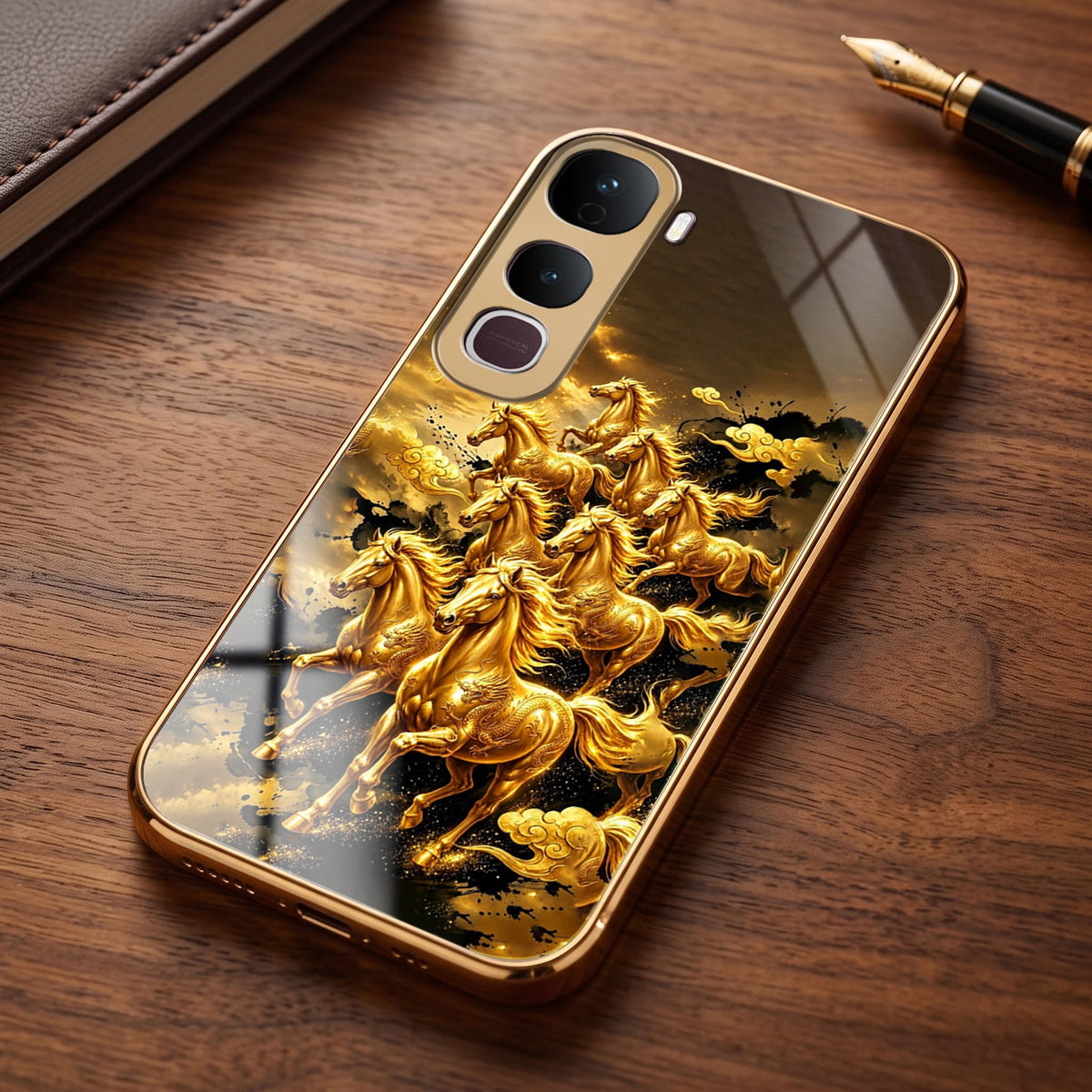 Vivo Y400 Pro 5G Celestial Seven Horses Gold Electroplated Glass Phone Back Case