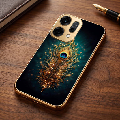 Oppo Reno 14 5G Golden Peacock Feather Gold Electroplated Glass Phone Back Case